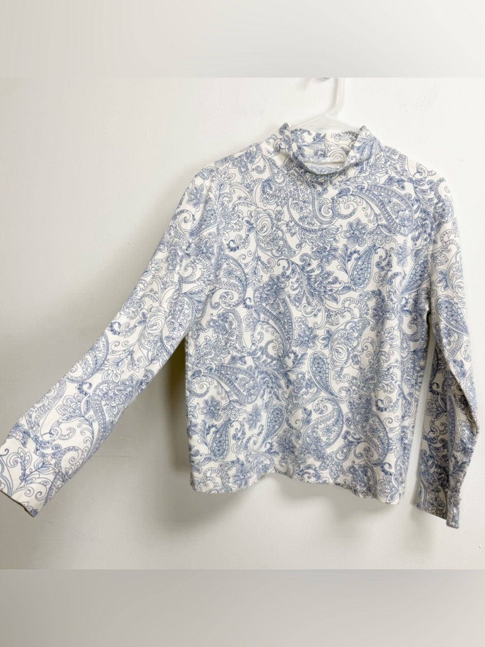 Lands End Mock Neck Top Womens Medium Blue White Long Sleeve Cotton - Picture 2 of 9
